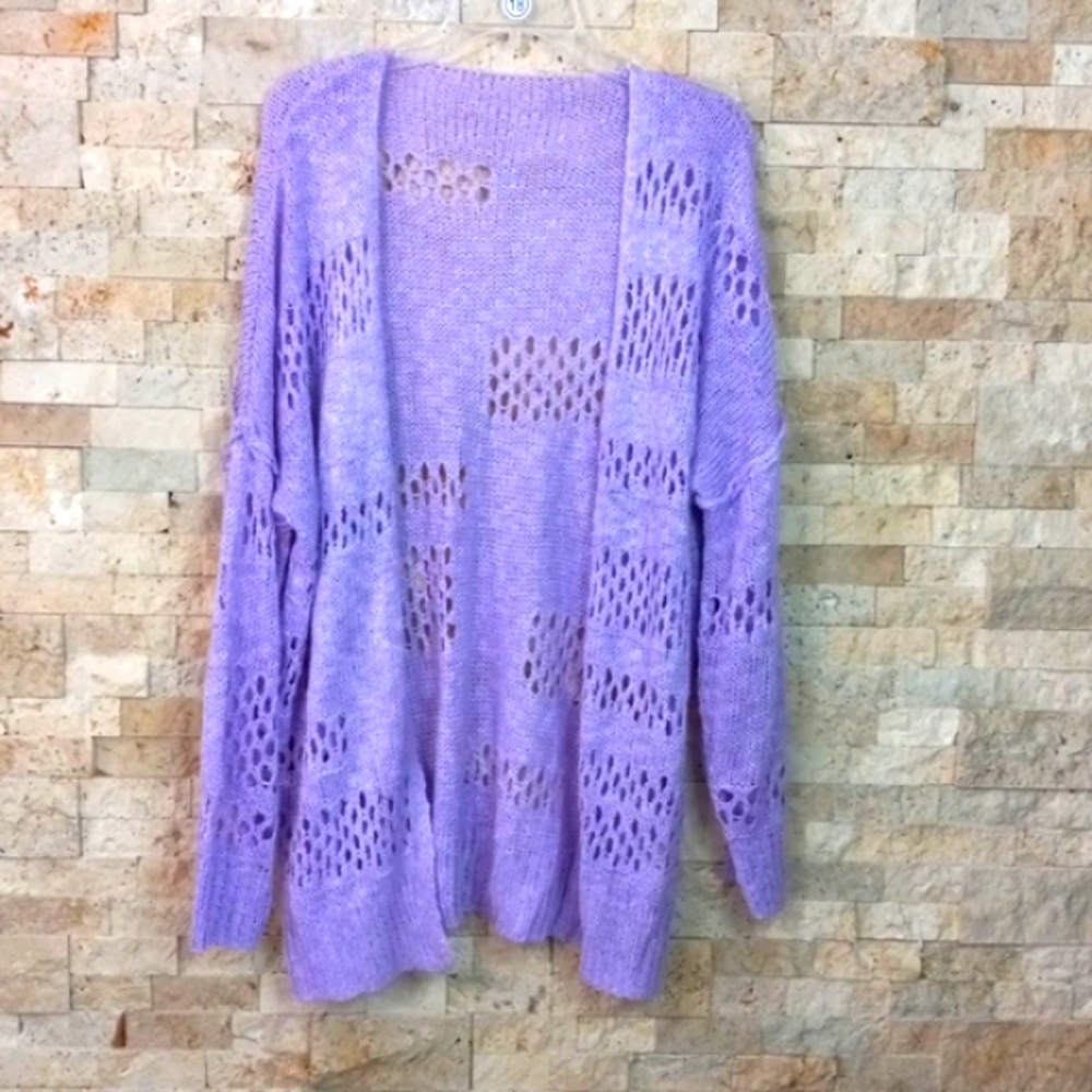 Oversized Cardigan Open Front Drop Shoulder Holes Pattern Unbranded Sweater S.XL